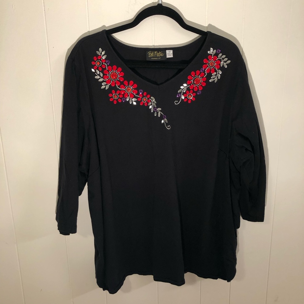 Bob Mackie Wearable Art  Embellished Black Top with 3/4 Sleeves 3X